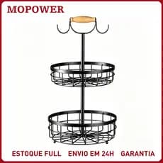Fruteira Aramada Para Mesa Resistente 2 Andares Cesto Organizador de Frutas Legumes Metal Preta