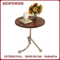 Mesinha Lateral de Canto para Sala  Base Ferro Tampo Redondo de Madeira Decoração Apoio Sofá