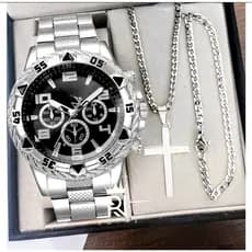 Conjunto Relógio Masculino em Aço + Corrente com Cruz e Pulseira – Luxo e Estilo Premium