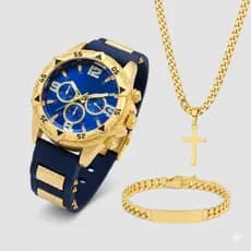 Kit Relógio Masculino + Corrente com Cruz e Pulseira – Banho Ouro 18k Original