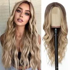 Peruca de renda Peruca Ondulada Loira Para Mulheres 26 Polegadas Peça Média Cabeleira Curly Wavy Natural Resistente Ao C