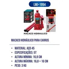MACACO HIDRAULICO PARA CARROS 3KG, 2,3KG E 1,9KG