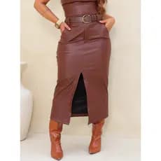 Saia Midi Feminina Em Couro Fake Com Bolsos e Fenda na Frente