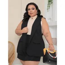 Conjunto Feminino Plus SIze Colete e Short-saia em Alfaiataria