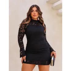 Vestido Feminino Curto Renda Floral Manga Longa Com Forro
