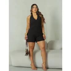 Conjunto Feminino Blusa E Short Forrado Alfaiataria Marrant Com Amarração No Pescoço e Elástico Nas Costas Elegante