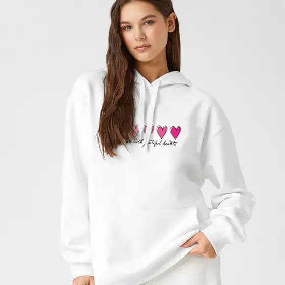 Moletom Flanelado Corações Feminino Blusa De Frio Capuz e Bolso Casaco Canguru Com Gorro Estampada