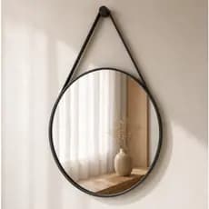 Espelho Redondo Adnet 60cm com Alça em Couro Decorativo Banheiro, Lavabo e Parede com Pino Suporte