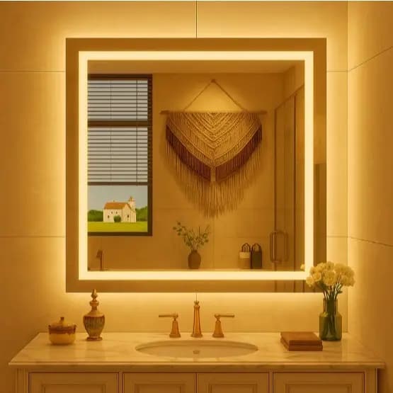 Espelho LED Jateado Quadrado Banheiro Lavabo e Penteadeira de Maquiagem
