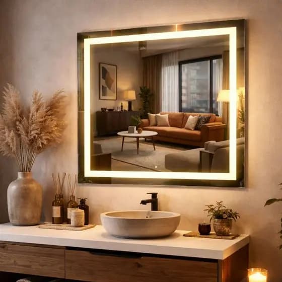Espelho LED Touch 50x50 Quadrado Jateado 3 Tons de Luz Banheiro Lavabo Decorativo Bivolt Premium