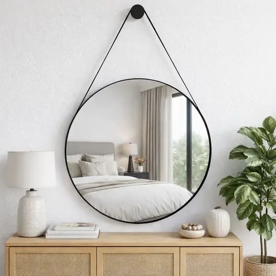 Espelho Redondo Decorativo 60cm Alça em Couro + Suporte