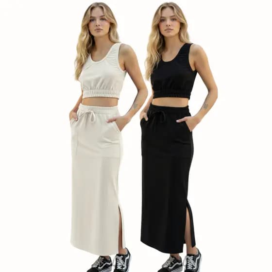 kit 2 Conjunto Saia Longette e Cropped Feminino Moletinho
