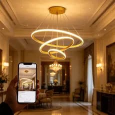 (110V-220V) 114W  Lustre Pendente Moderno Led Dourado 3 Anéis 3 Cores Luxo Para Sala De Jantar E Estar  -O15