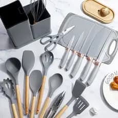 Kit Conjunto19 Pçs De Utensílios Facas Silicone Cozinha Jogo Completo Batedeira Colher Pegador -R9