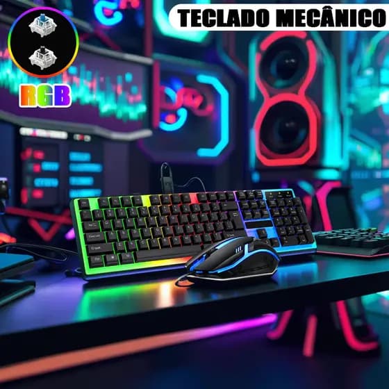 Kit Gamer: Teclado Semi Mecânico Teclado Semi Mecânico RGB + Mouse 3200 DPI LED USB Jogos e Trabalho H8