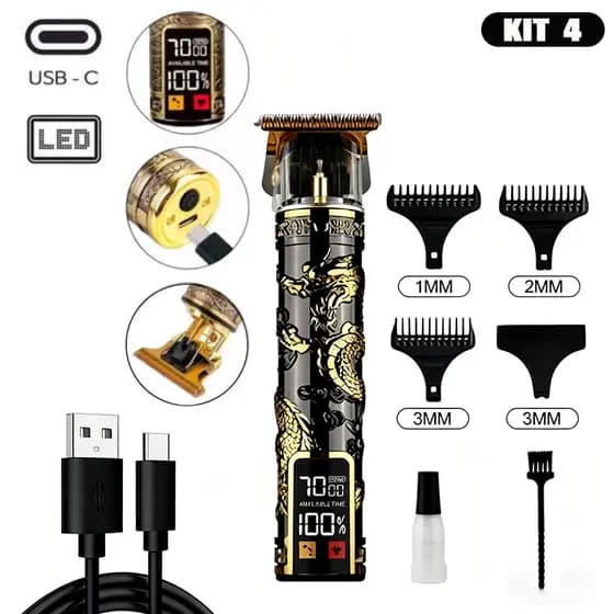 Máquina Profissional 3 em 1 para Barba e Cabelo Masculina - Kit de Cuidados com LED Display - K4/K5