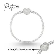 Pulseira Para Berloques Feminina Prata 925 Legítima Charms Pingentes Fecho Coração Cravejado