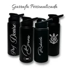 Garrafa Squeeze Personalizada de Alumínio Preta 600ml Academia Nome Logo Brasão I Gravação a Laser