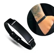 Pulseira Masculina Couro Sintético Chapa Preta Personalizada a Laser