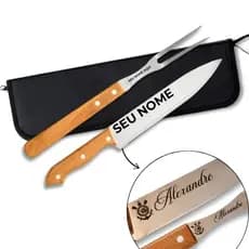Kit Churrasco Personalizado com Faca + Garfo + Estojo Gravado Laser Nome Logo Time Presente