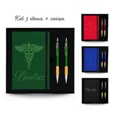 Kit Caderno + Caneta + Lapiseira Personalizada Caixa Presenteável 4 Cores Formatura Luxo Executivo