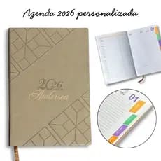 Agenda 2026 Personalizada em Couro Sintético Bege com Gravação a Laser Empresa Nome Logo Simbolo