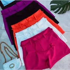 Short Alfaiataria Feminino Cintura Alta Com Cinto Cordinha Com Bolso