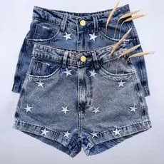 Short Jeans Feminino Estampado Estrela Cintura Alta Bordado Sem Lycra Mom