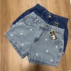 Short Jeans Feminino Cintura Alta Bordado Estrela Estampado Sem Lycra Mom