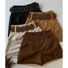 Short Feminino Couro Fake Boho Chic Cintura Alta Com Cinto Boho Courino