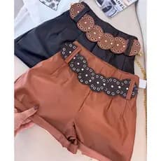 Short Feminino Couro Fake Boho Chic Courino Cintura Alta Com Cinto Boho
