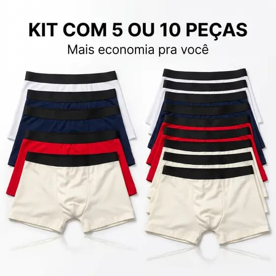 Kit 5 Cuecas Boxer Masculina Algodão Premium Confortável Lisa Elástico Cós Alto Qualidade