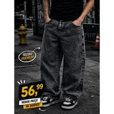 Calça Balão Jeans Masculina Grafite 100% Algodão Grosso Boca Larga Bag Streetwear Urbana Casual Moda Atual Tendência