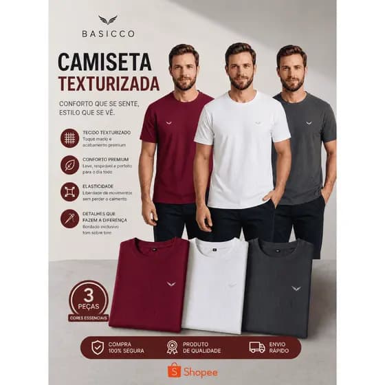 Kit 3 Camisetas Masculinas Texturizadas com Elastano Slim Fit Gola Redonda Casual Premium Caixa para Presente