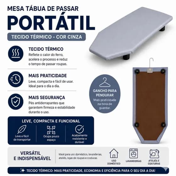 Mesa Tabua De Passar Portátil Tecido térmico Na Cor Cinza
