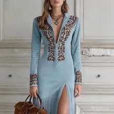 Vestido Longo Feminino Vintage Estilo Étnico com Franjas e Zíper Floral