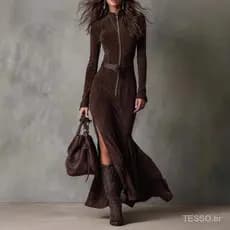 Vestido Longo Elegante de Cor Sólida com Zíper e Gola Alta para Mulheres