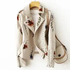 Mulheres Estilo Punk Retro Jaqueta De Couro Fuax Streetwear Moto Motociclista Bordado Floral Impressão Rebite Pu Casaco