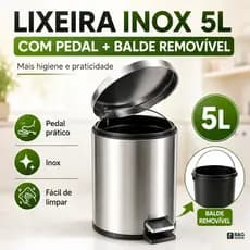Lixeira Inox 5 Litros com Pedal Tampa e Balde Removível para Banheiro Cozinha Escritório