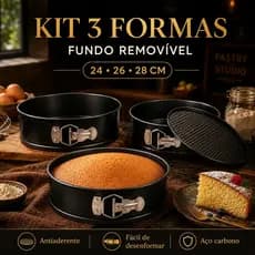 Kit 3 Formas de Bolo Redondas Fundo Removível 24/26/28cm Assadeiras