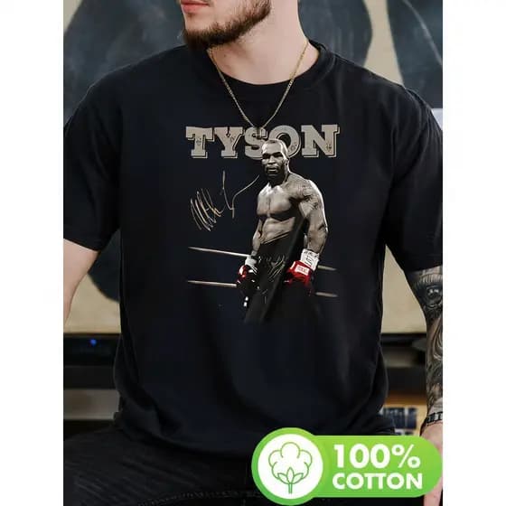 Camiseta Masculina Estampa Tyson com assinatura e luvas atléticas moderna estilosa premium academia