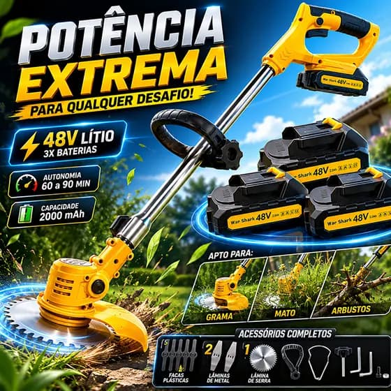 Roçadeira Aparador De Gramas Profissional 2000mah 48V Baterias*3 18000RPM 110-220V War Shark