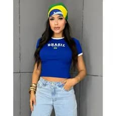 Cropped Feminino  Brasil Bicolor Canelado Tendência Moda Copa