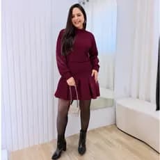 Conjunto Feminino Manga Longa Saia Plissada Moda Inverno Elegante