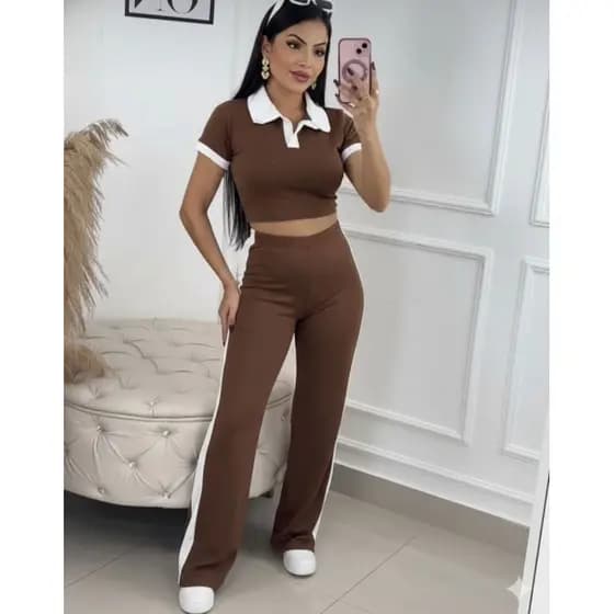 Conjunto Feminino Bicolor Calça + Blusinha Gola Polo Nova Tendência