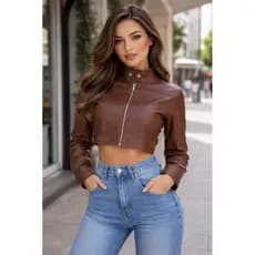 Jaqueta Cropped em Couro Sintético com Zíper – Estilo Urbano e Sofisticado Moda Tendência