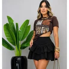 Saia Em Camadas Com Babados-Cintura Em V E Zíper Estilo Moda Gringa Tendência Verão