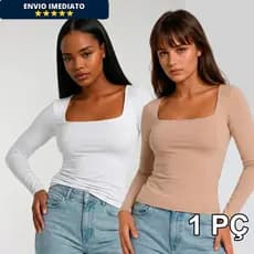 Blusa Manga Feminina Longa Decote Quadrado de Suplex Premium Básica Promoção Blogueira