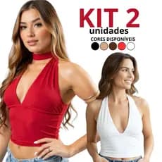 Kit 2 Blusa Cropped Feminino Top Com Amarraçao Multiformas Decote Forrado Festa Premium Decotado Suplex Slim Sustentação