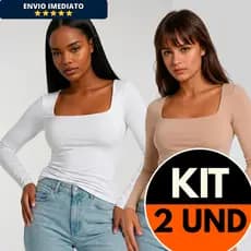 Kit 2 Blusa Manga Longa Decote Quadrado Suplex Premium Estilo Gringa Blogueira